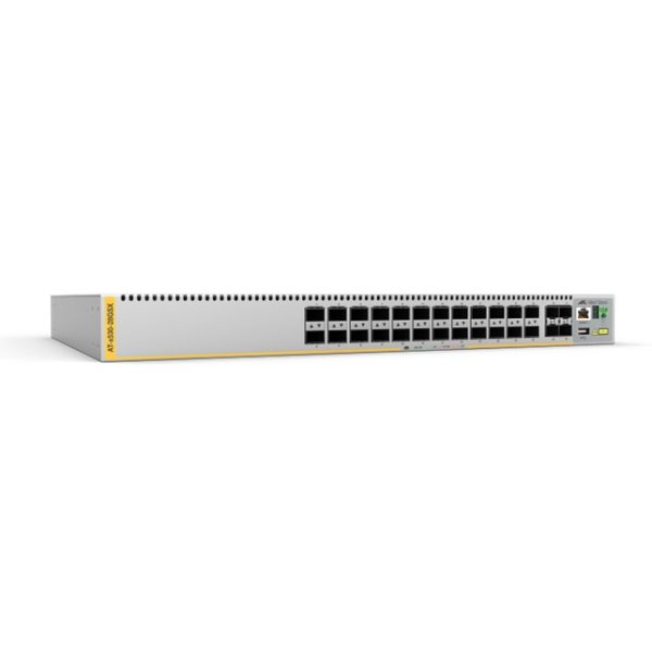 Allied Telesis 24-port 100/1000X SFP stackable L3 switch with 4 SFP+ ports and 2 fixed power supplies. 5 year NCP support (AT-x510-28GSX-B55)
